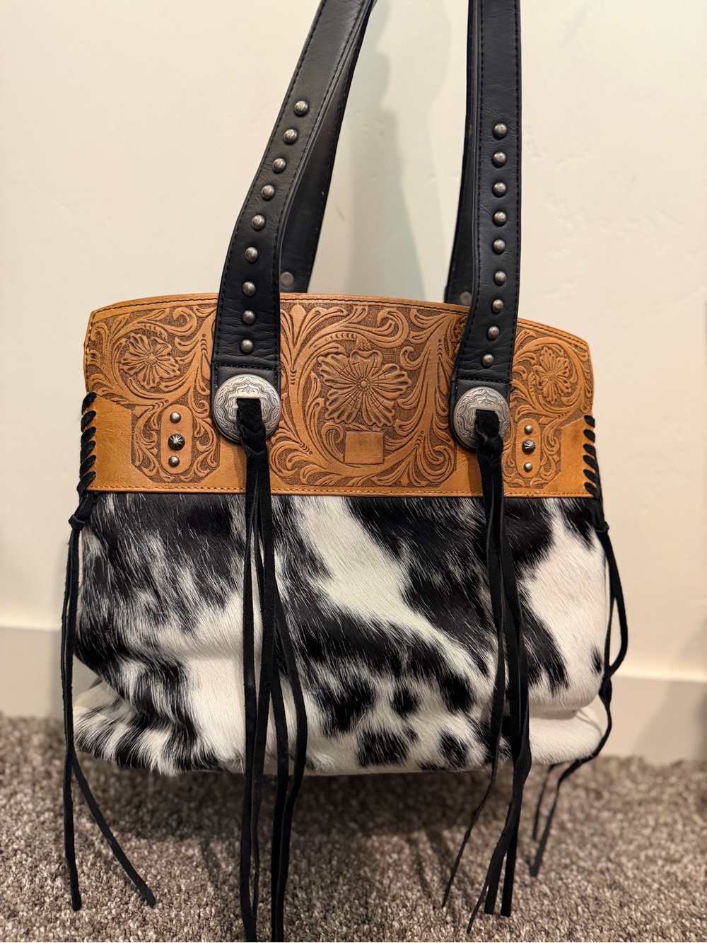 Western Tooled Leather & Cowhide Shoulder Bag in Tan and Black